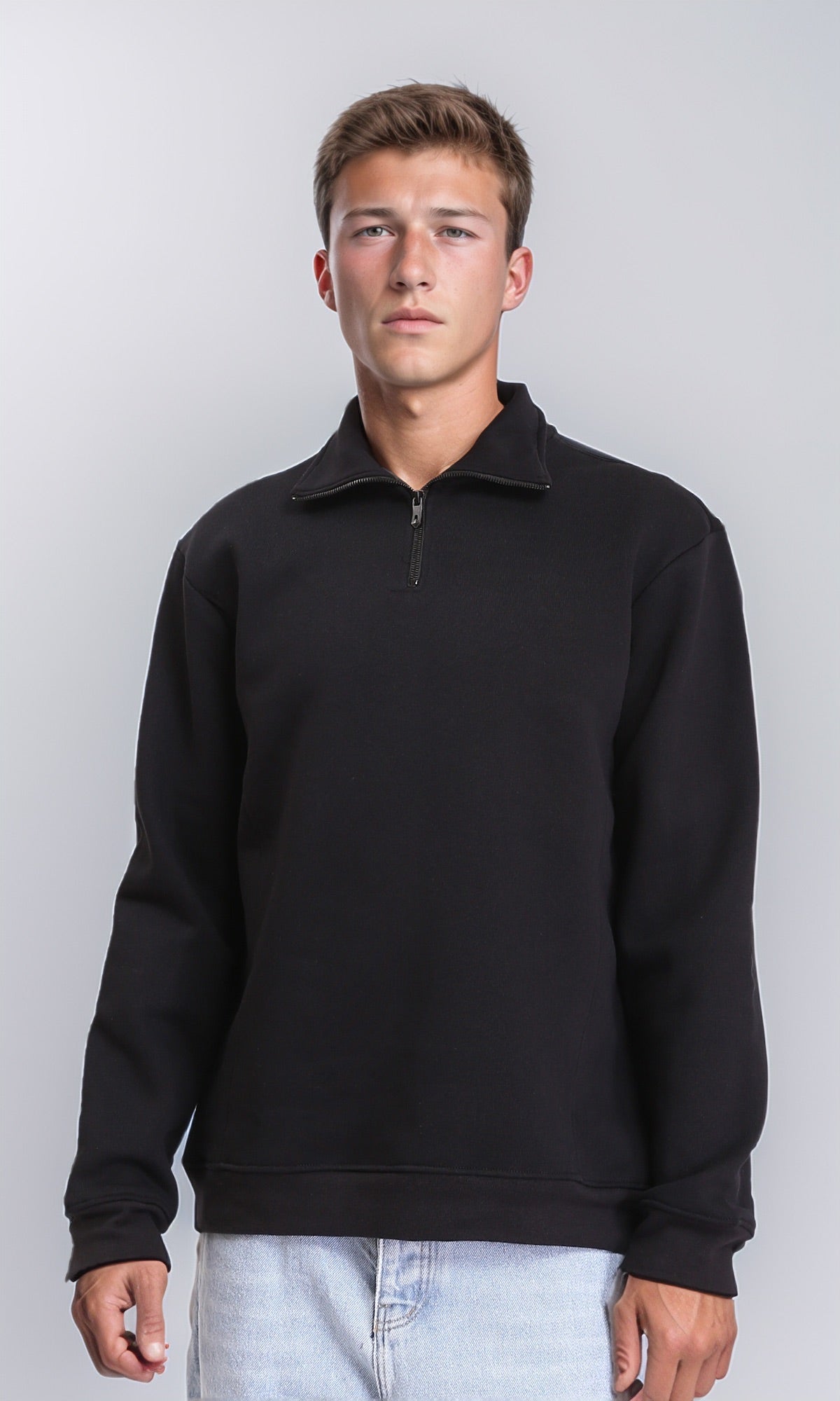 Zipped Neck Solid Winter Sweater - Black