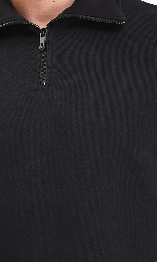R212024 - Zipped Neck Solid Winter Sweater - Black