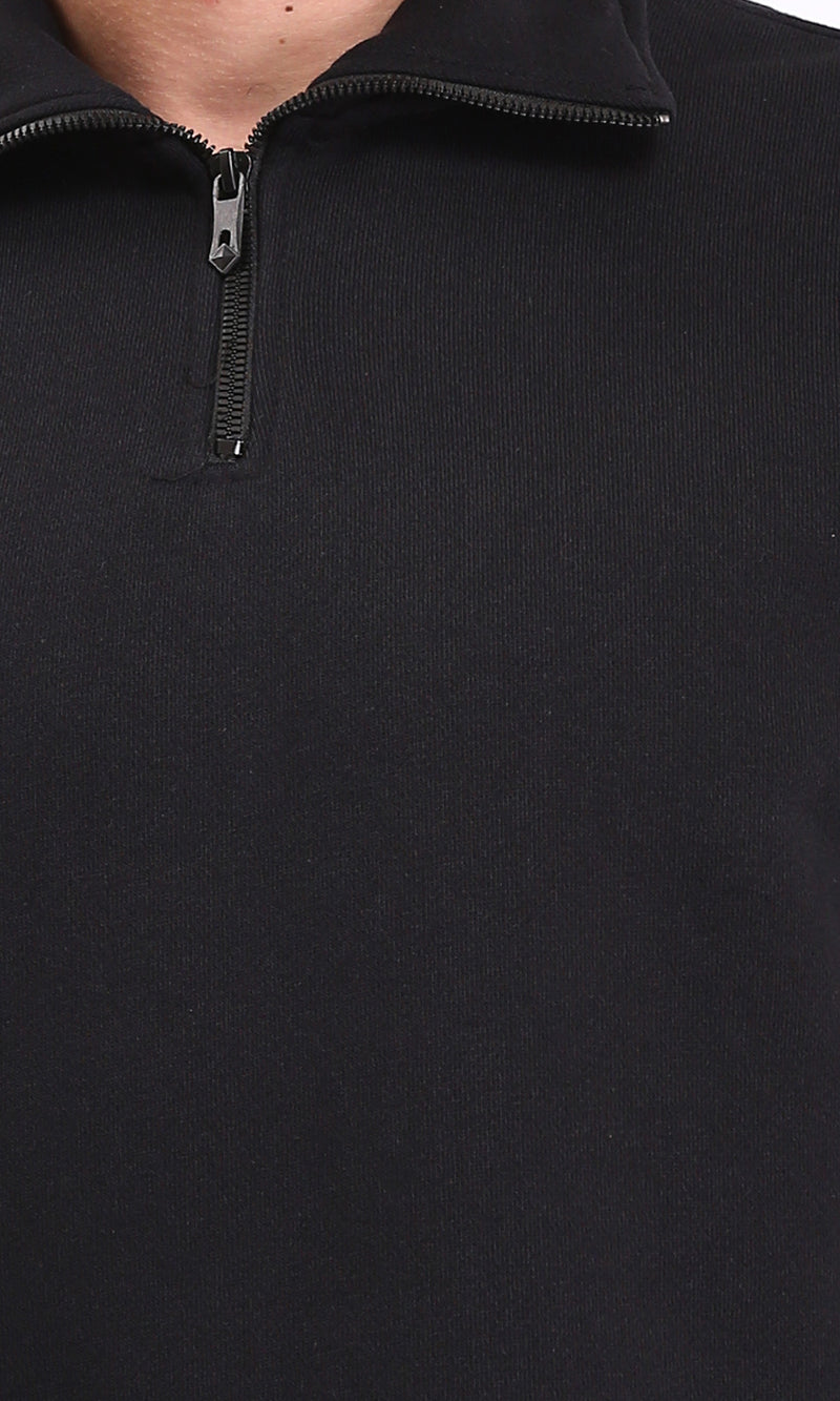 R212024 - Zipped Neck Solid Winter Sweater - Black