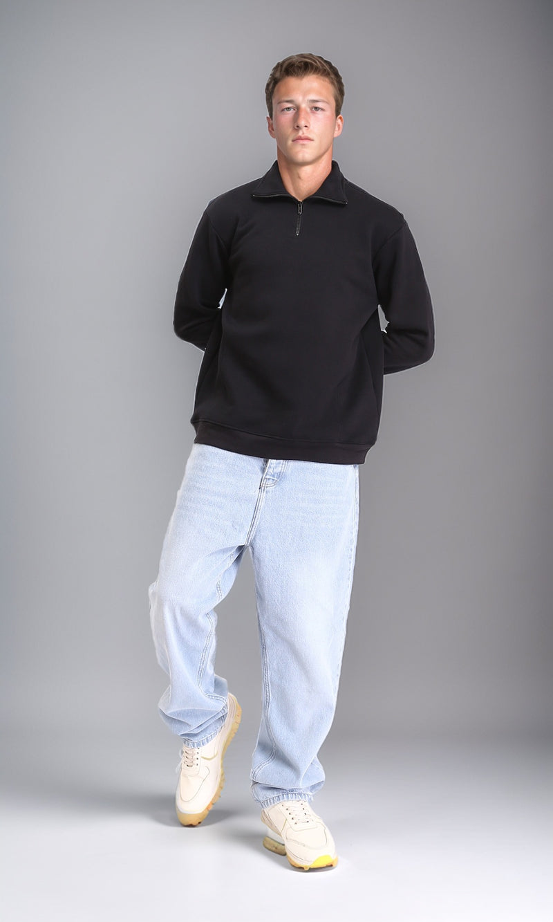 R212024 - Zipped Neck Solid Winter Sweater - Black