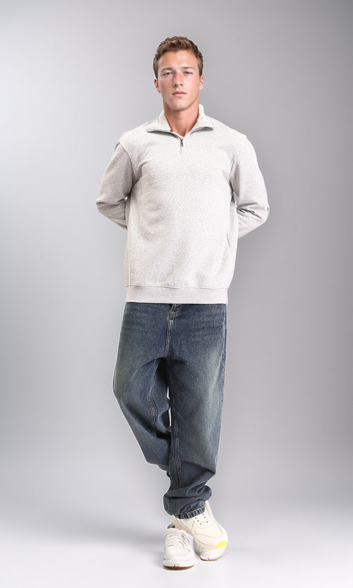 R212025 - Zipped Neck Solid Winter Sweater - Heather Grey