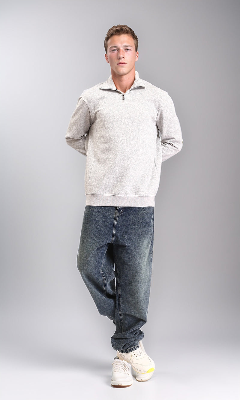 R212025 - Zipped Neck Solid Winter Sweater - Heather Grey