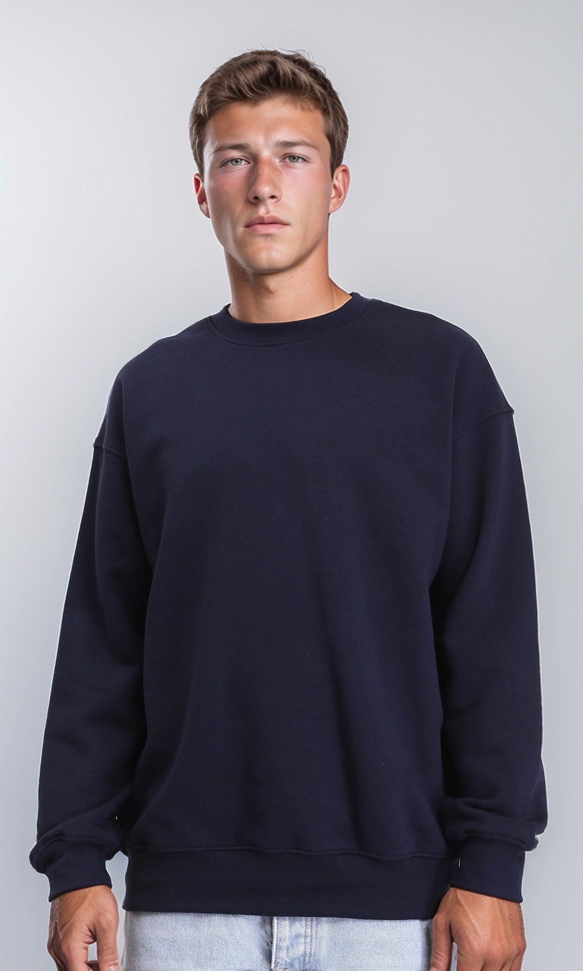 Ribbed Round Neck Slip On Sweatshirt - Navy Blue