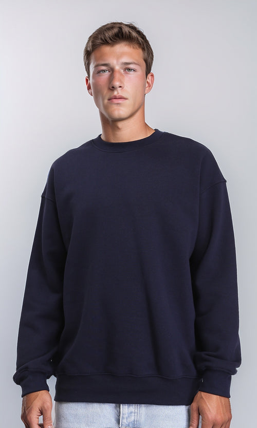 Ribbed Round Neck Slip On Sweatshirt - Navy Blue