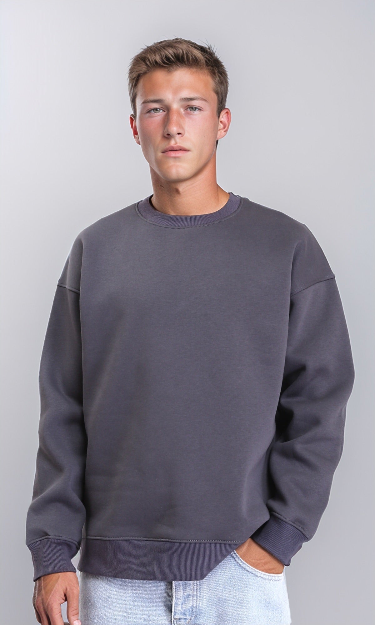 Ribbed Round Neck Slip On Sweatshirt - Dark Grey
