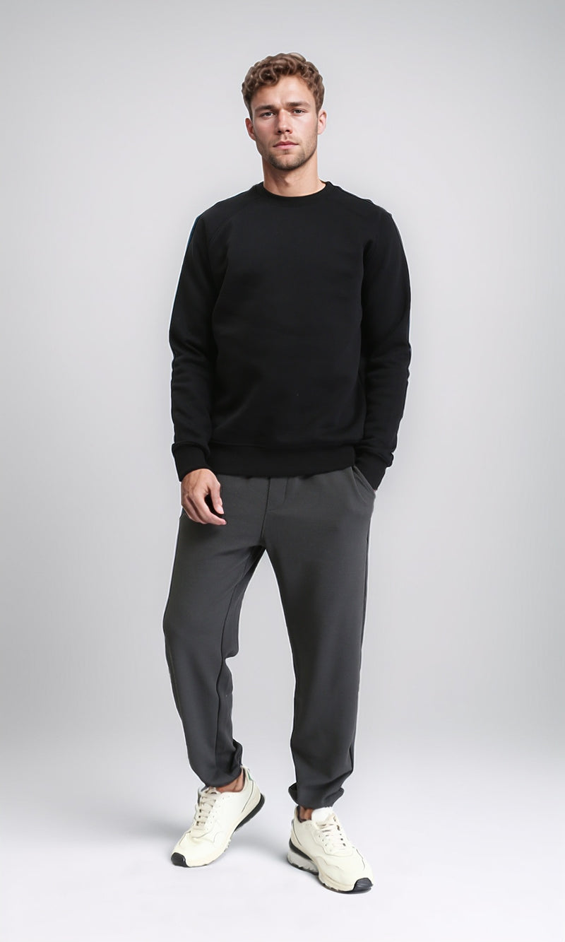 R212031 - Ribbed Round Neck Slip On Sweatshirt - Black