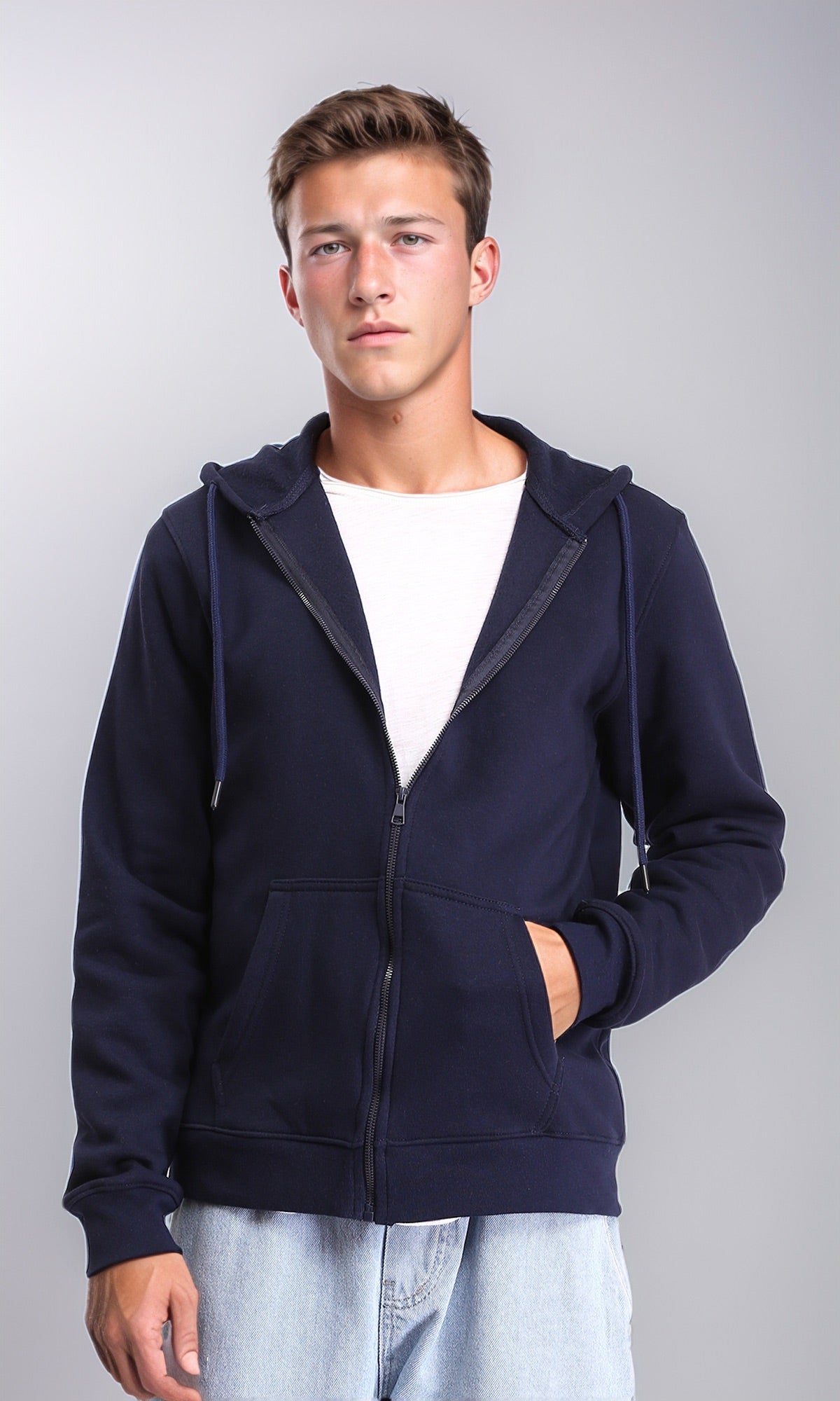 Hooded Neck Zipped Winter Sweatshirt - Navy Blue