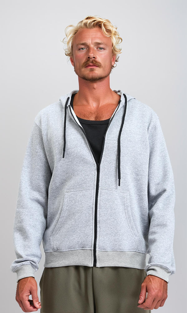 R212036 - Zipper Through Pocket Drawstring Hoodie - Heather Grey