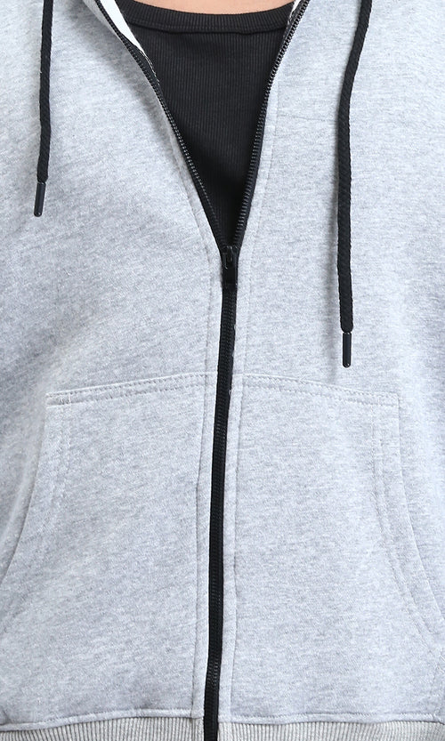 R212036 - Zipper Through Pocket Drawstring Hoodie - Heather Grey