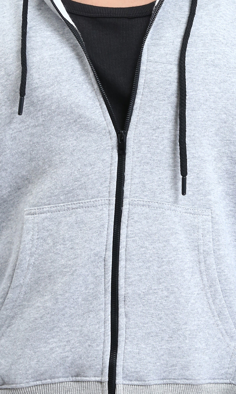 R212036 - Zipper Through Pocket Drawstring Hoodie - Heather Grey