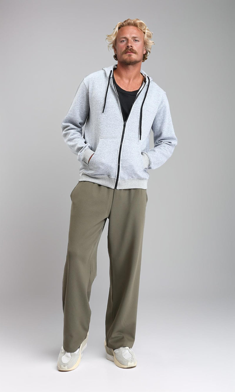 R212036 - Zipper Through Pocket Drawstring Hoodie - Heather Grey