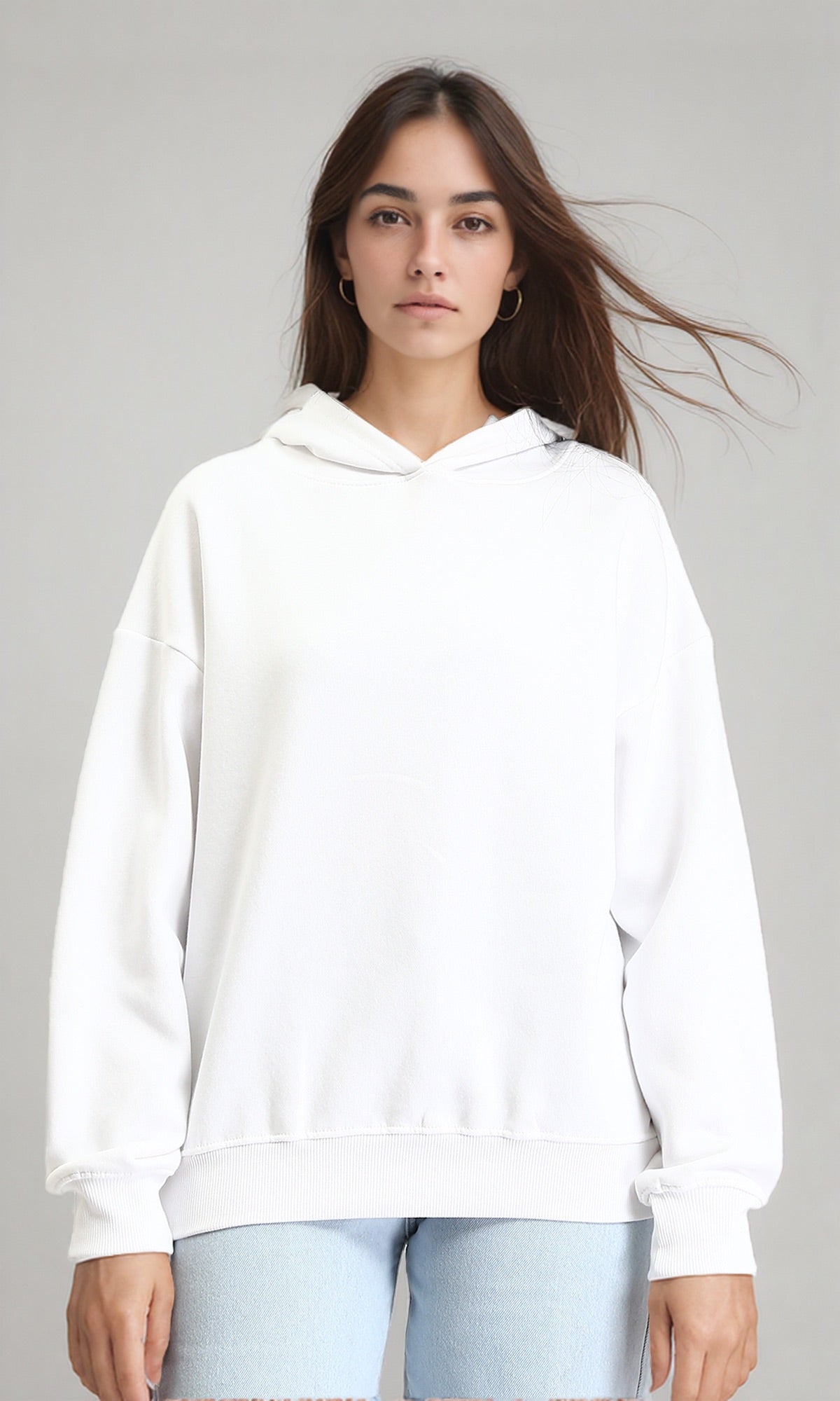 Slip On Solid Long Sleeves Hoodie - White