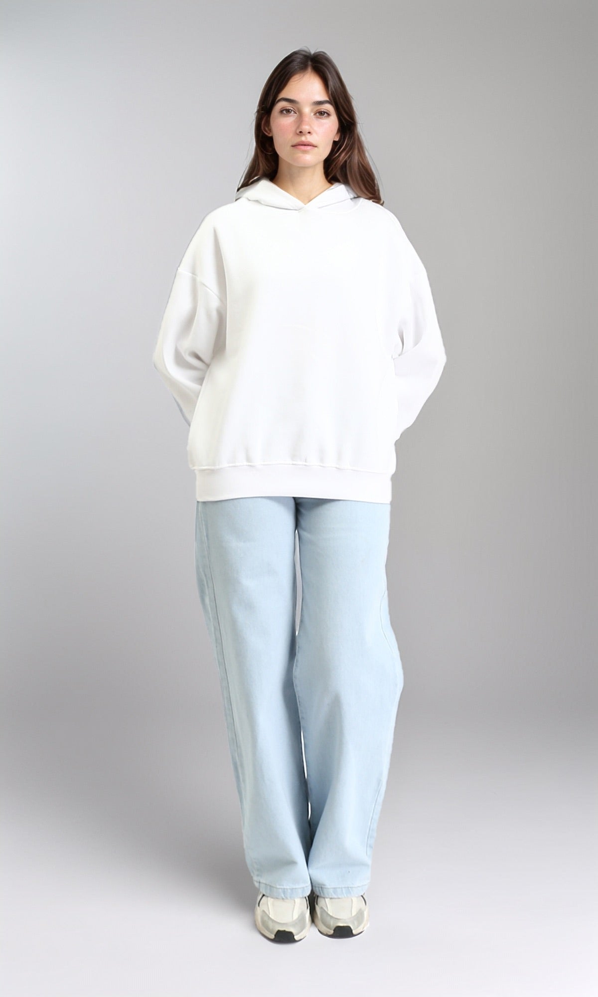 R212039 - Slip On Solid Long Sleeves Hoodie - White