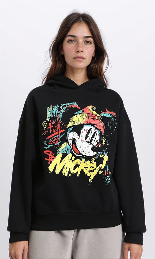 Printed "mickey" Long Sleeves Winter Hoodie - Black