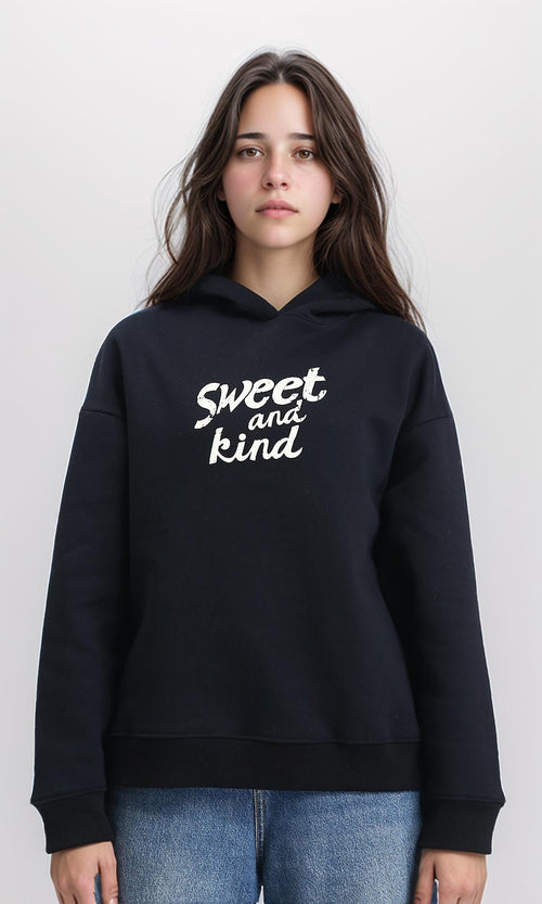 R212048 - Printed "Sweet And Kind" Winter Hoodie - Black
