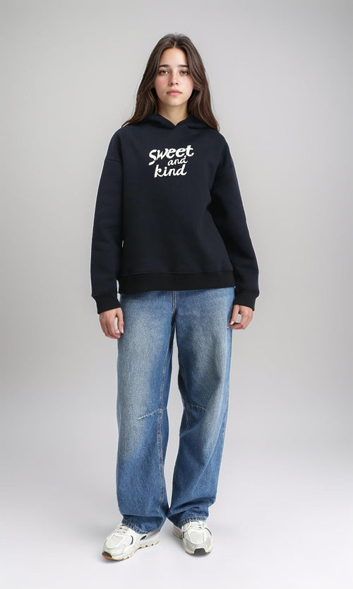 R212048 - Printed "Sweet And Kind" Winter Hoodie - Black
