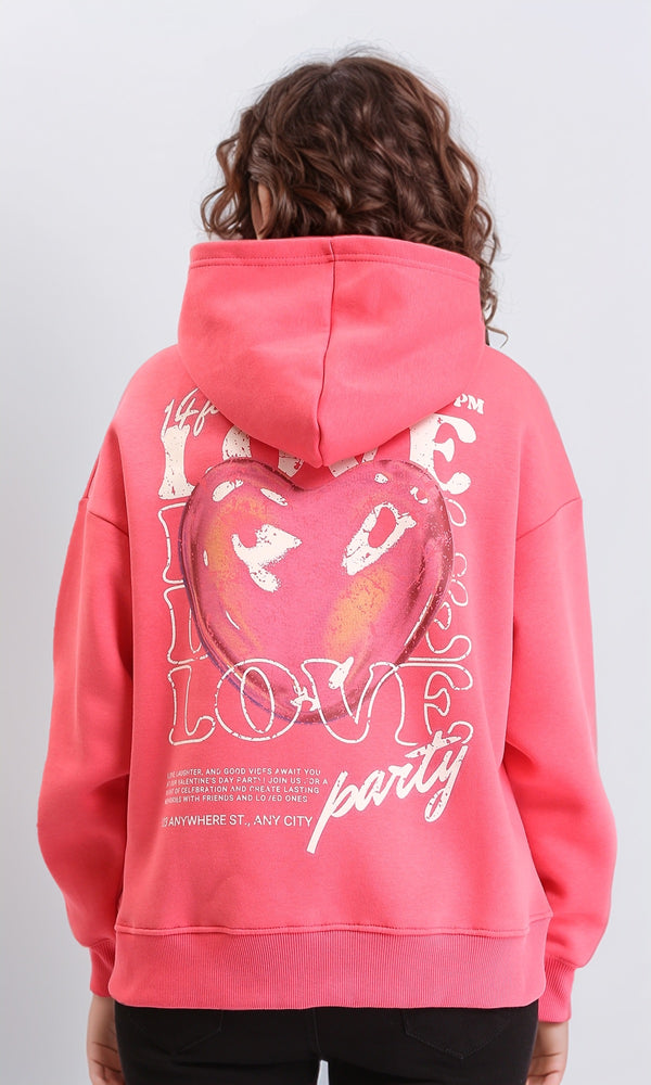 R212051 - Printed "Love Party" Regular Fit Hoodie - Coral