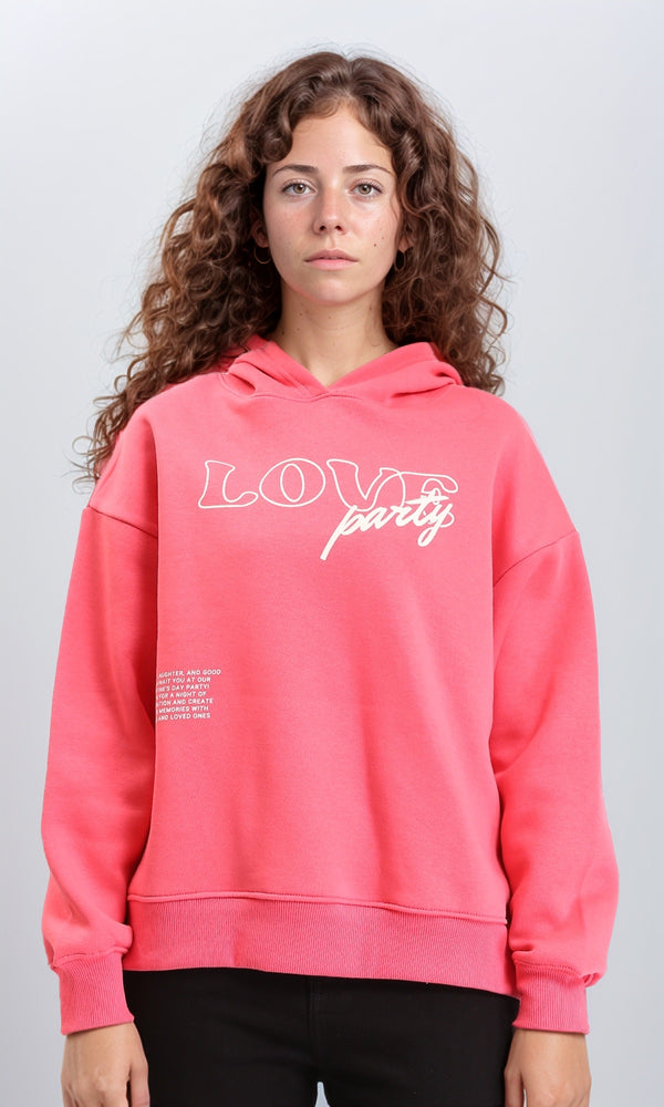 R212051 - Printed "Love Party" Regular Fit Hoodie - Coral