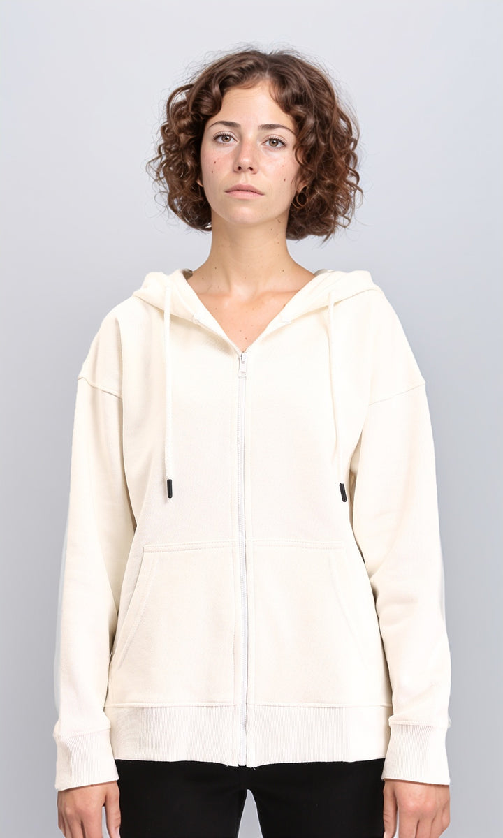 Casual Sweatshirt with Zipper Through Pocket - Cream