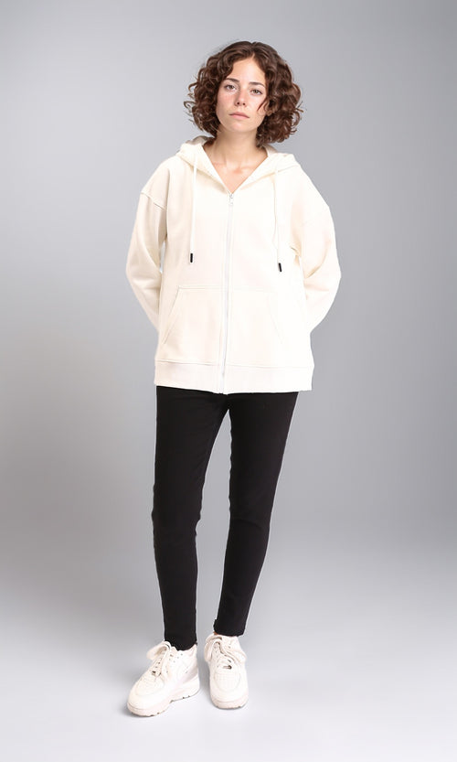 R212055 - Casual Sweatshirt with Zipper Through Pocket - Cream