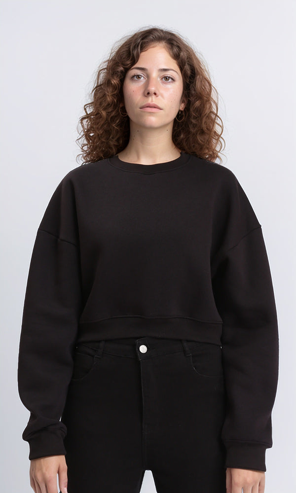 R212056 - Round Neck Slip On Short Sweatshirt - Black