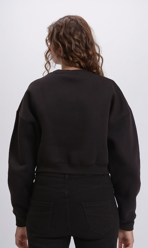 R212056 - Round Neck Slip On Short Sweatshirt - Black