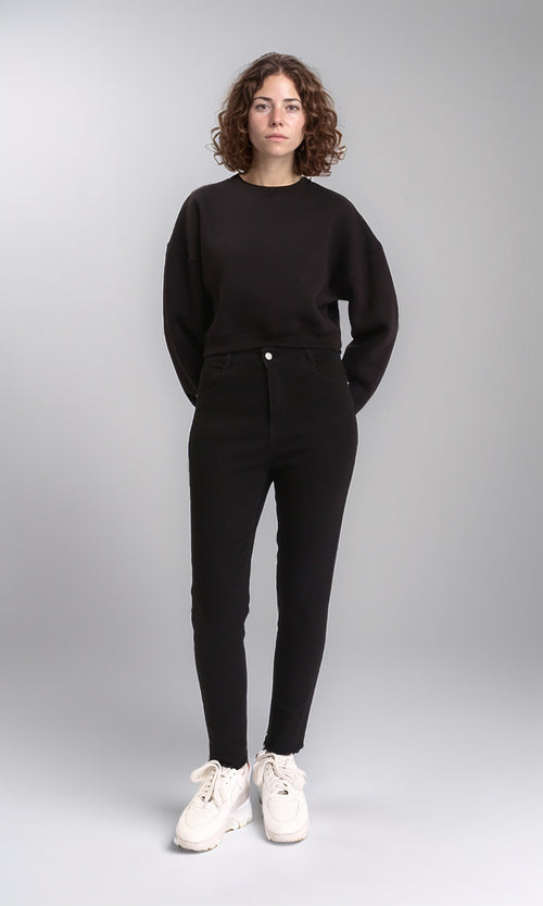 R212056 - Round Neck Slip On Short Sweatshirt - Black