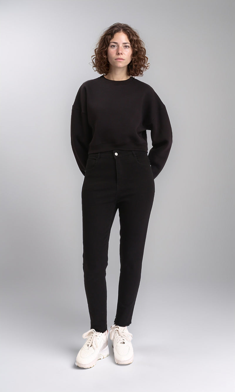 R212056 - Round Neck Slip On Short Sweatshirt - Black