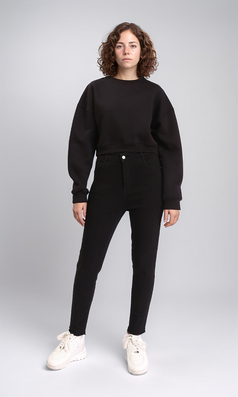 R212056 - Round Neck Slip On Short Sweatshirt - Black