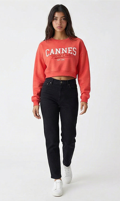 Cannes Yacht Club Embroidered Graphic Cropped Sweatshirt - R212057