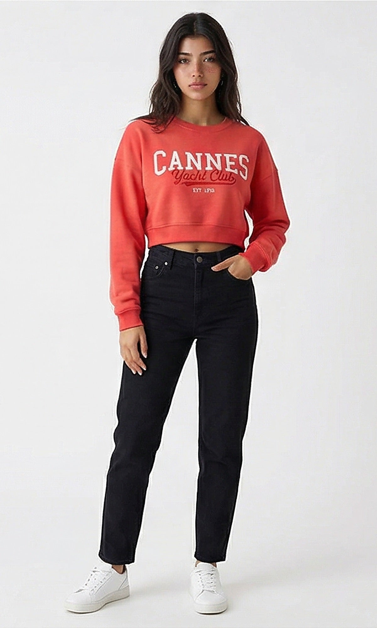 Cannes Yacht Club Embroidered Graphic Cropped Sweatshirt - R212057
