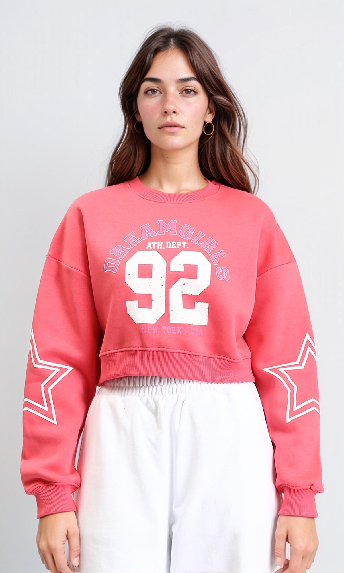 R212058 - Round Neck Printed Short Sweatshirt - Coral Pink