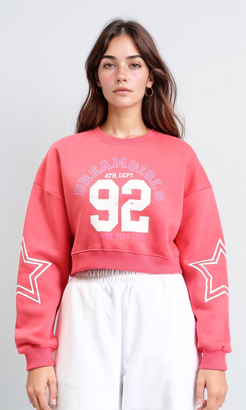 R212058 - Round Neck Printed Short Sweatshirt - Coral Pink
