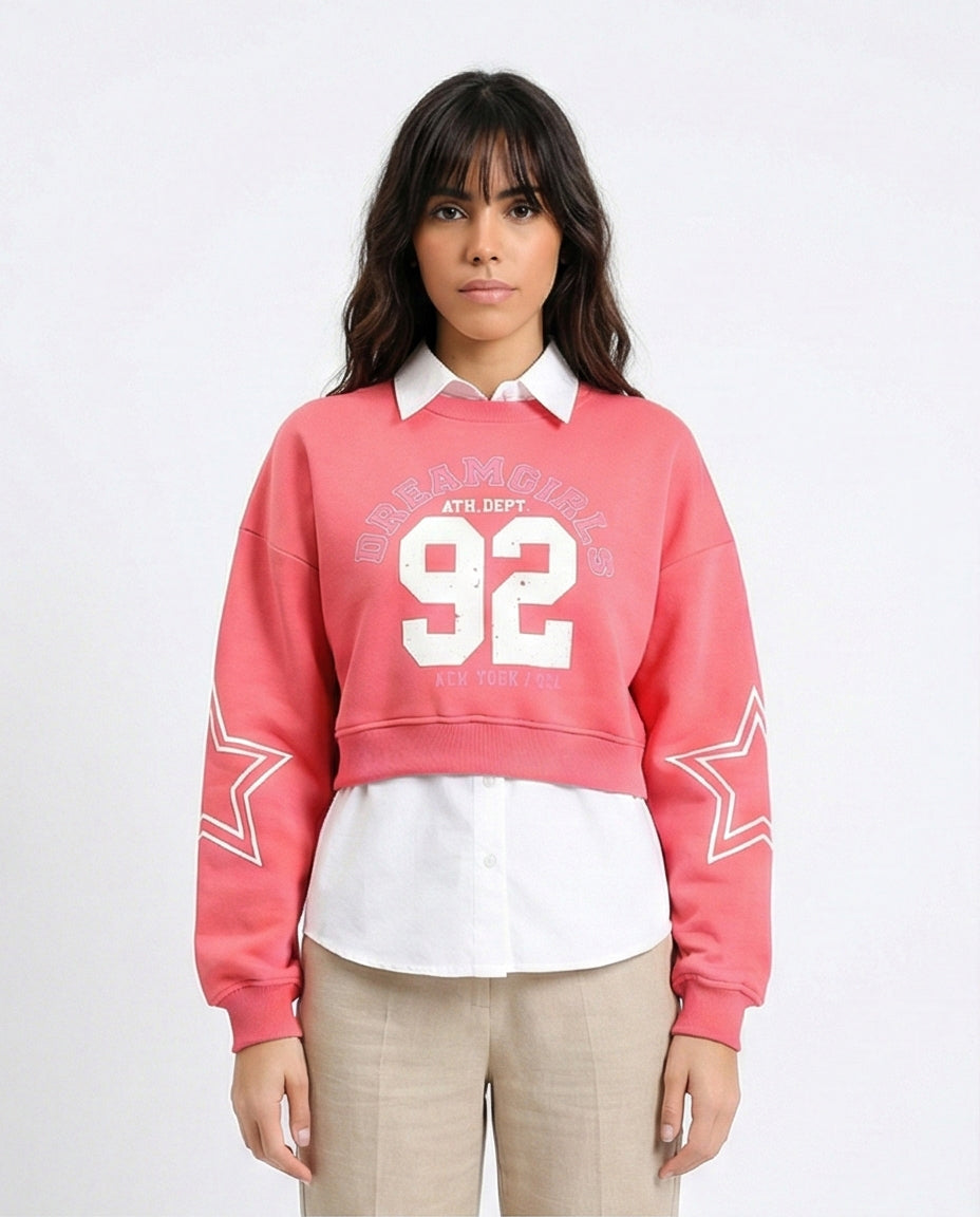 Round Neck Printed Short Sweatshirt - Coral Pink