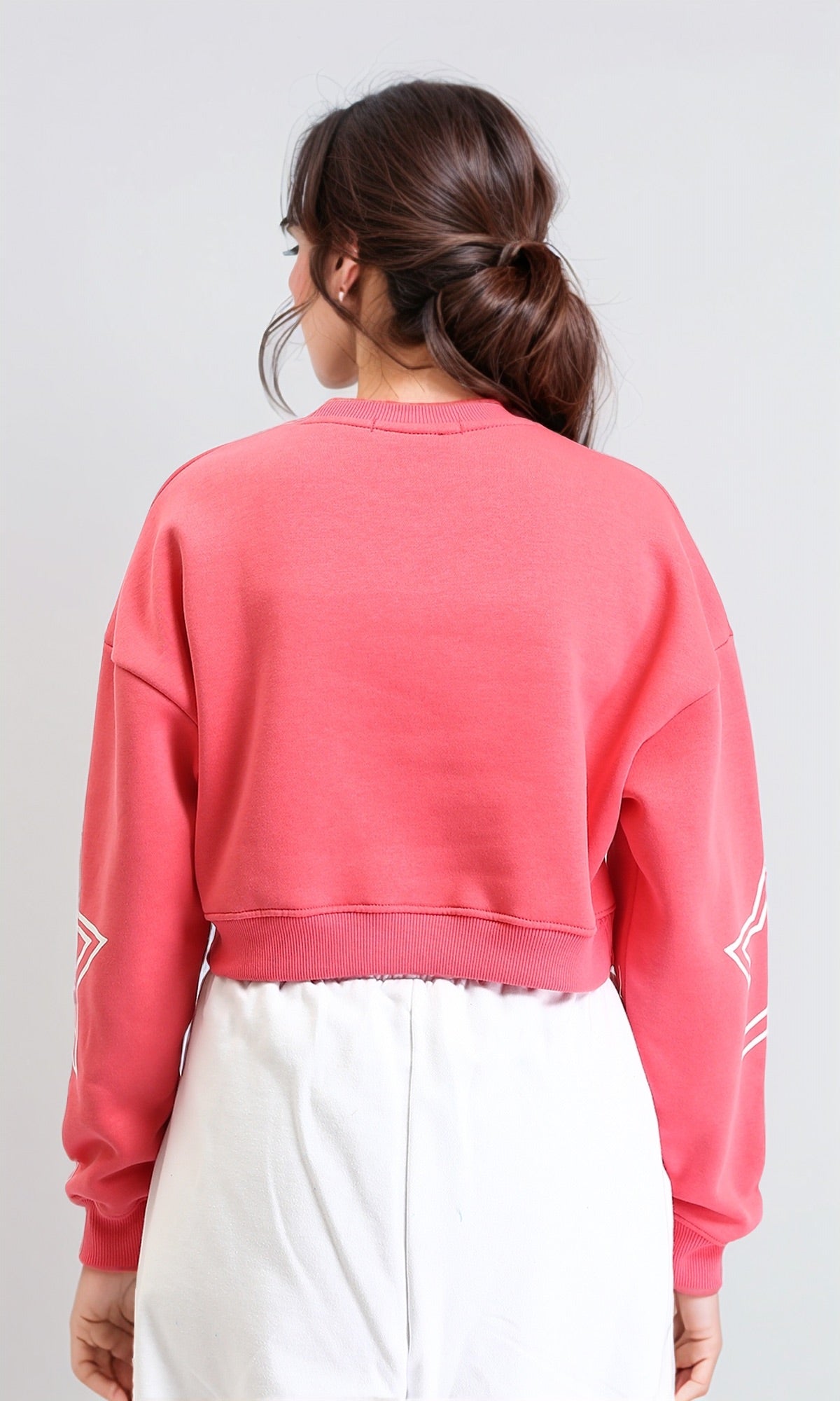 R212058 - Round Neck Printed Short Sweatshirt - Coral Pink