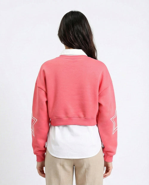 R212058 - Round Neck Printed Short Sweatshirt - Coral Pink