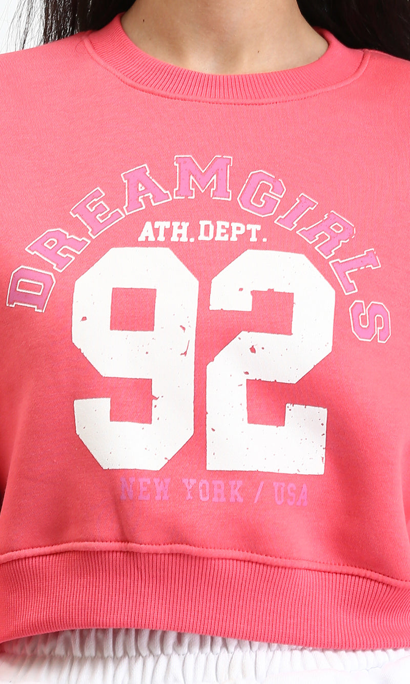 R212058 - Round Neck Printed Short Sweatshirt - Coral Pink