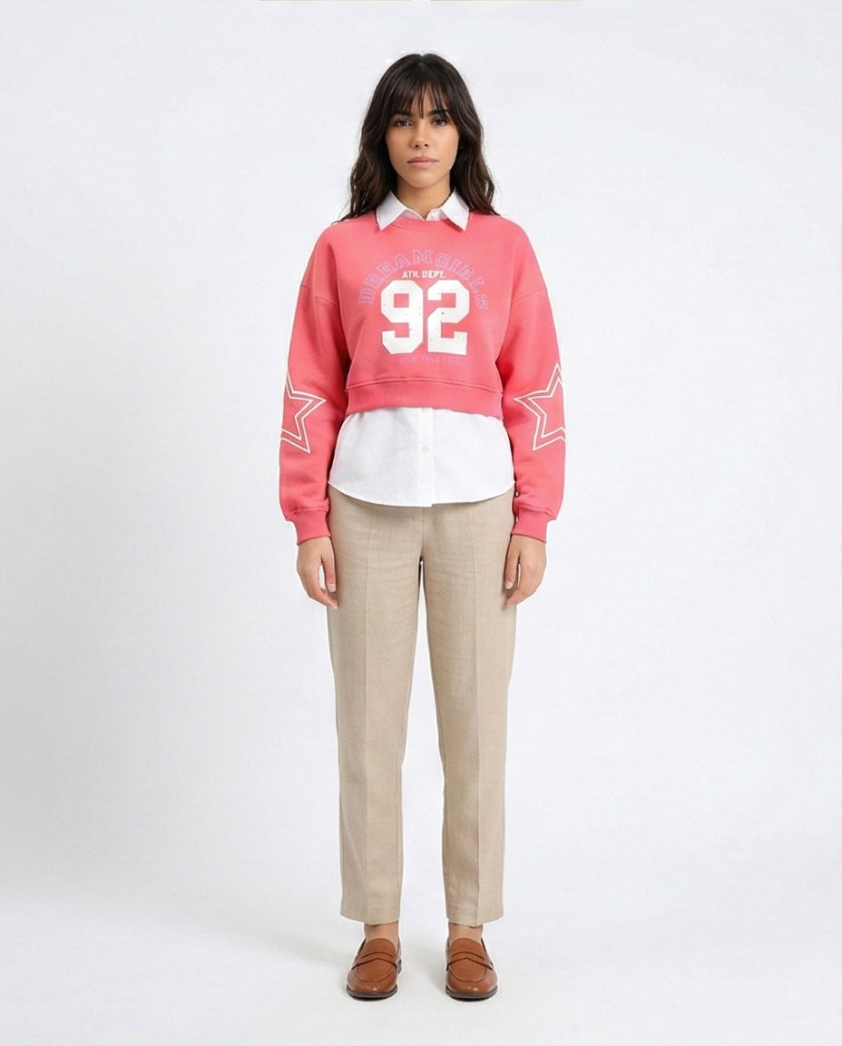 R212058 - Round Neck Printed Short Sweatshirt - Coral Pink