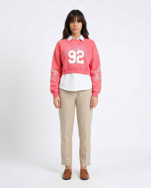 R212058 - Round Neck Printed Short Sweatshirt - Coral Pink