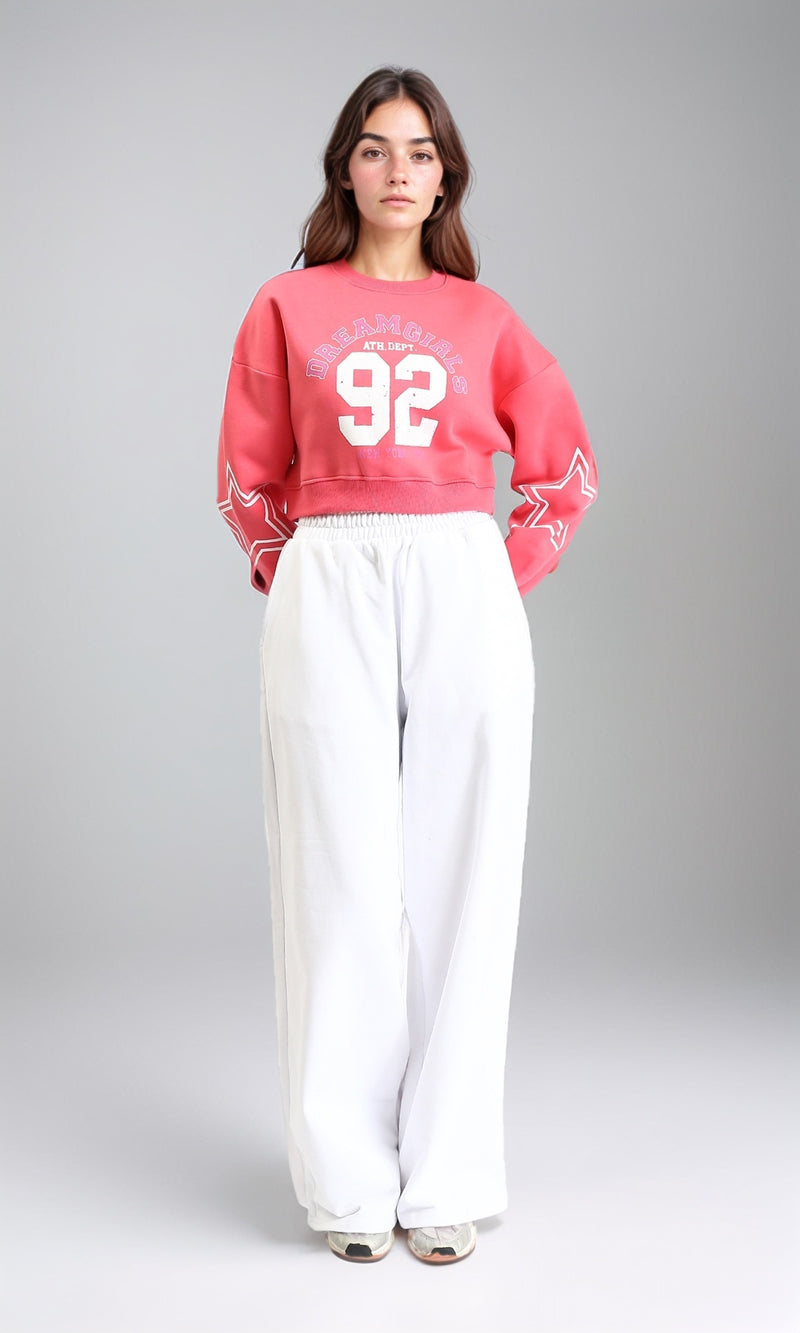 R212058 - Round Neck Printed Short Sweatshirt - Coral Pink
