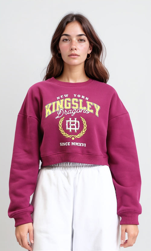 Long Sleeves "kingsley" Print Short Sweatshirt - Berry