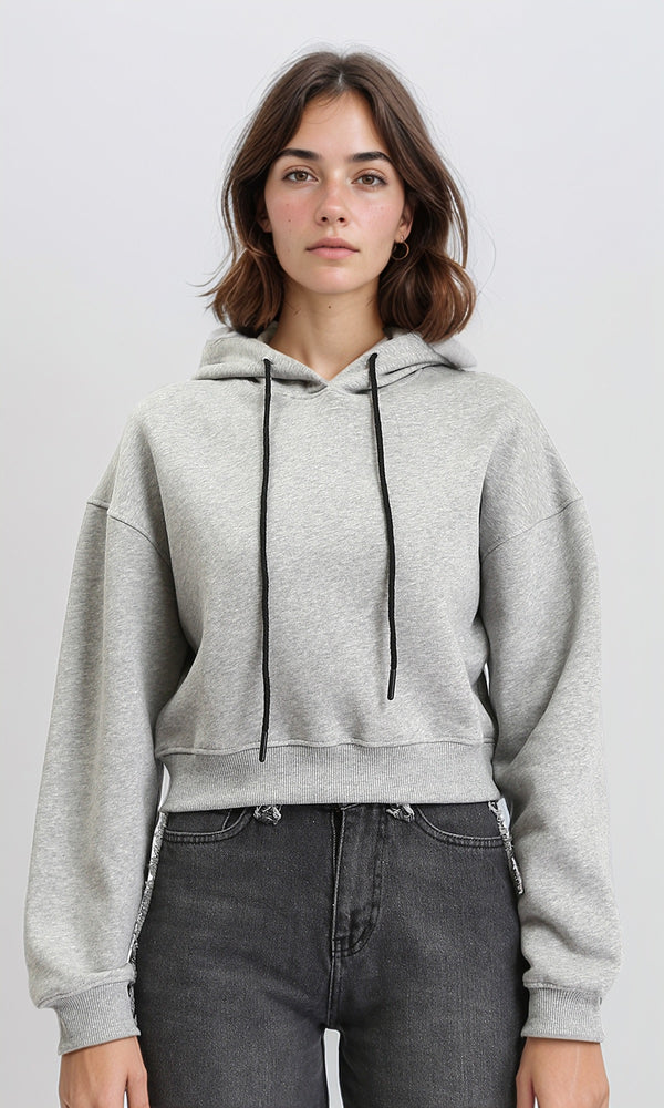 R212060 - Hooded Neck Long Sleeves Short Hoodie - Heather Grey