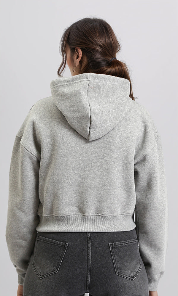 R212060 - Hooded Neck Long Sleeves Short Hoodie - Heather Grey