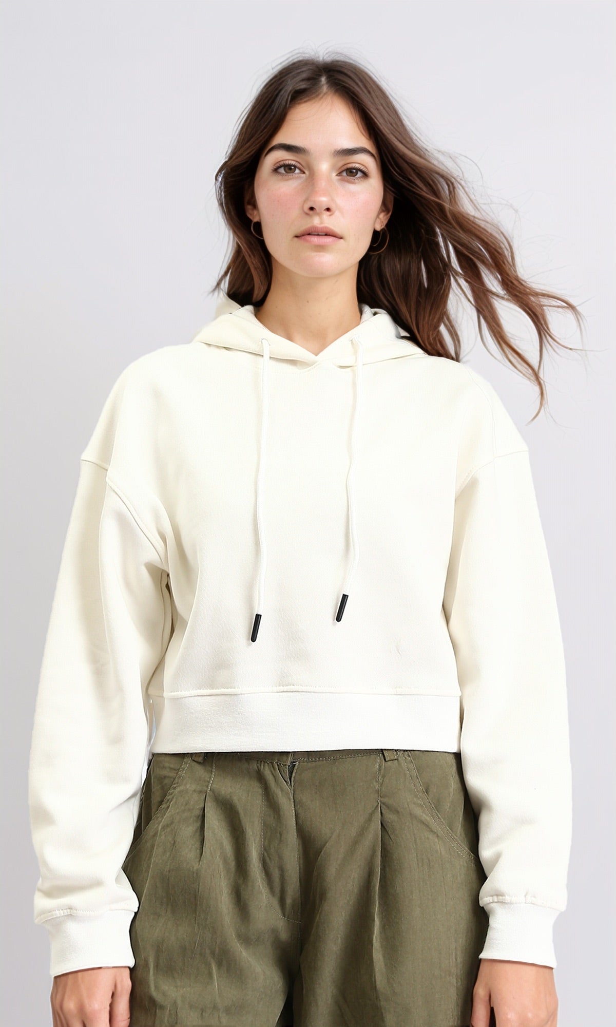 Hooded Neck Long Sleeves Short Hoodie - Off-White