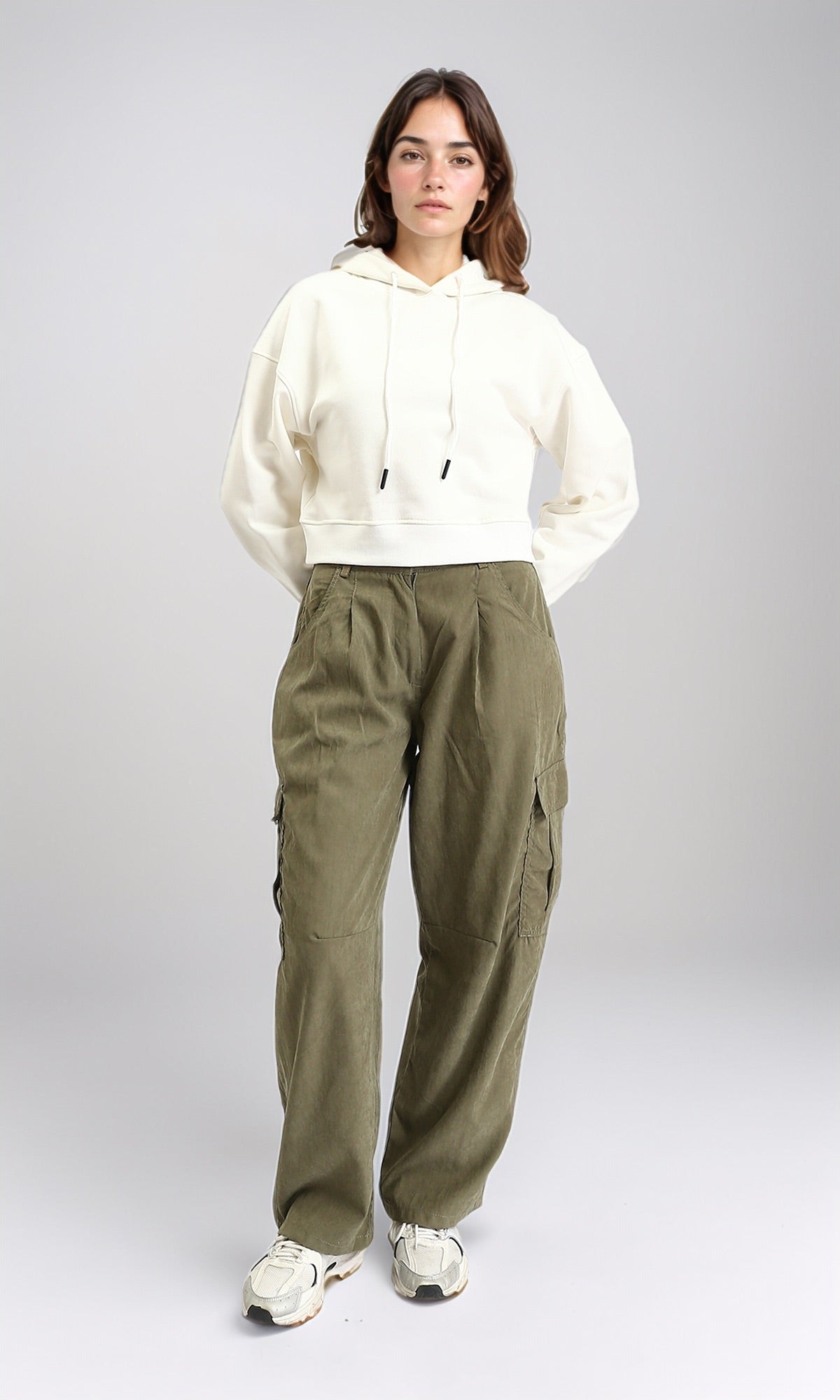 R212061 - Hooded Neck Long Sleeves Short Hoodie - Off-White