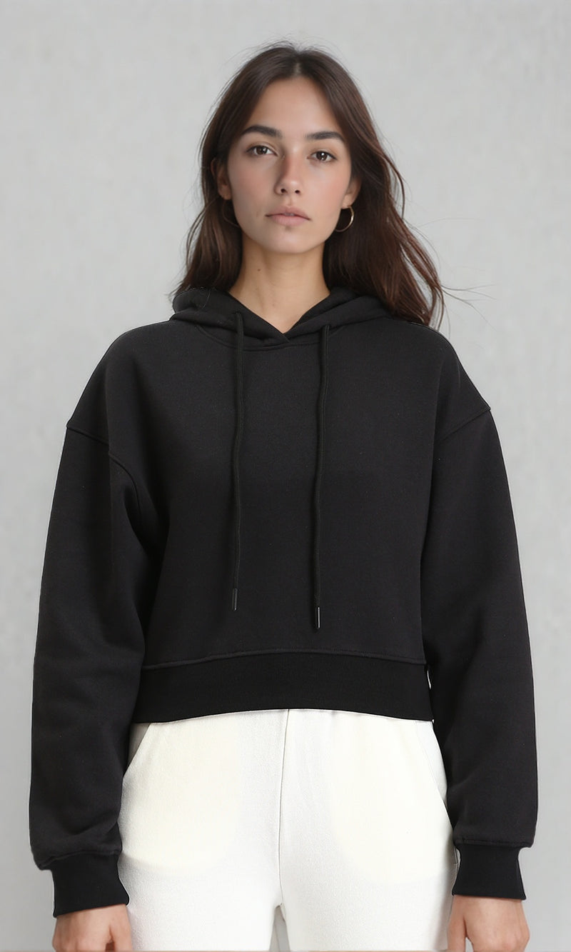 R212062 - Hooded Neck Long Sleeves Short Hoodie - Black