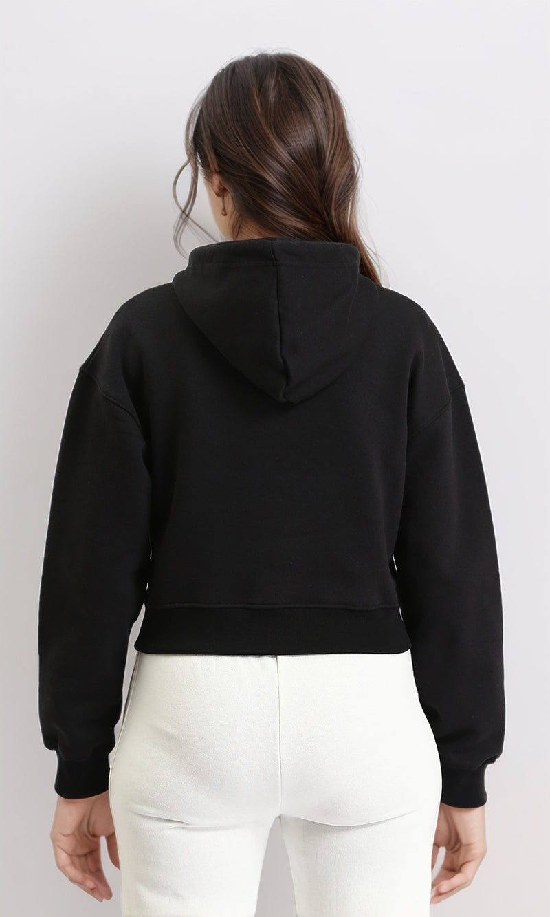 R212062 - Hooded Neck Long Sleeves Short Hoodie - Black