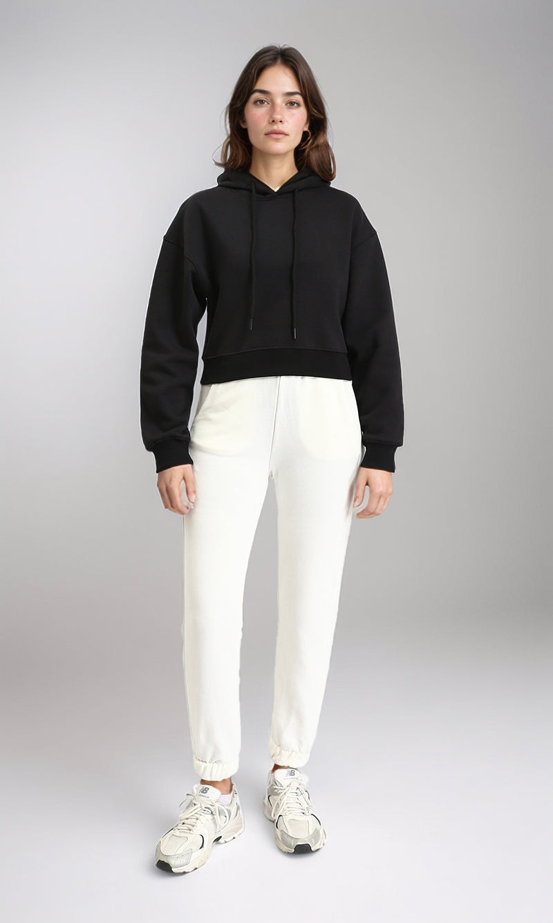 R212062 - Hooded Neck Long Sleeves Short Hoodie - Black