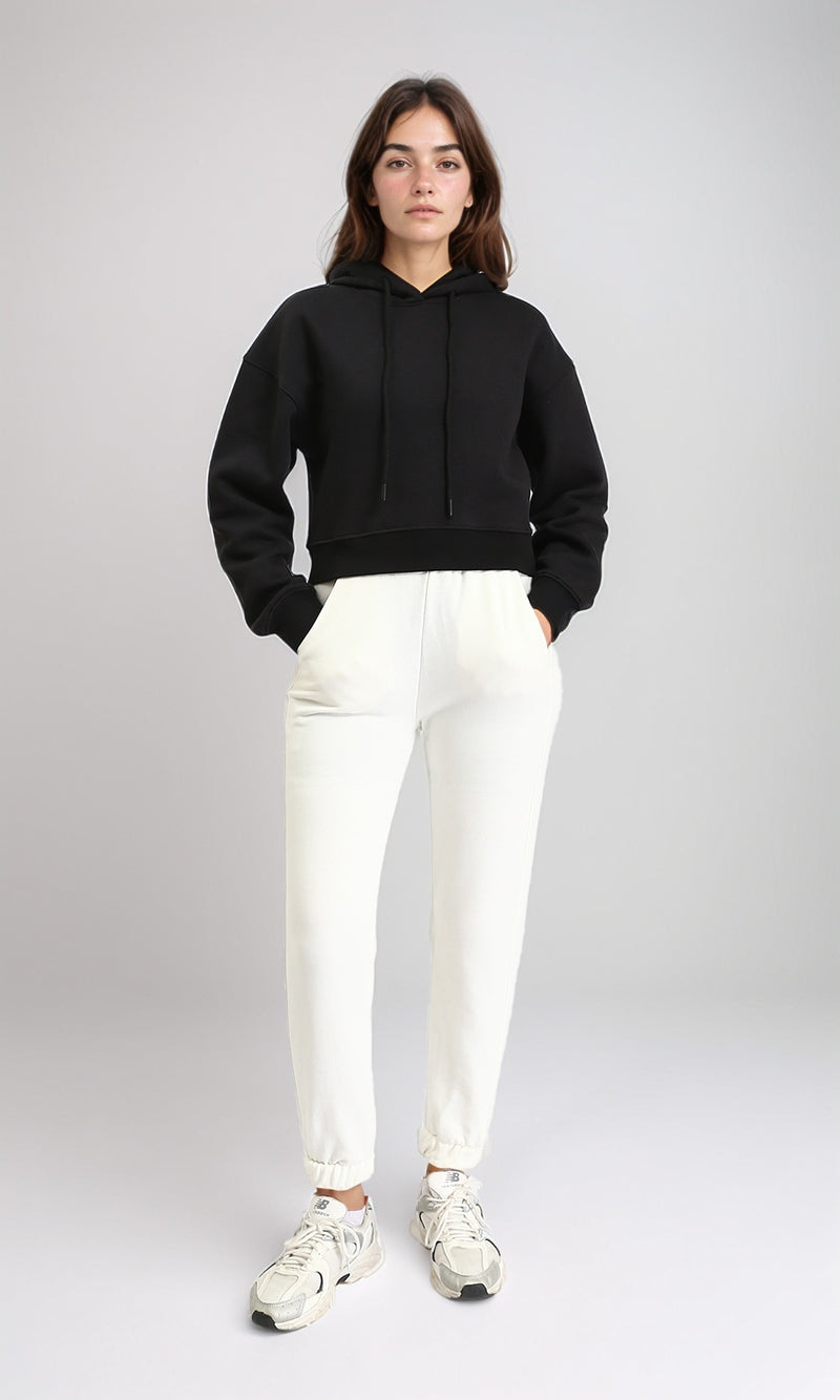 R212062 - Hooded Neck Long Sleeves Short Hoodie - Black