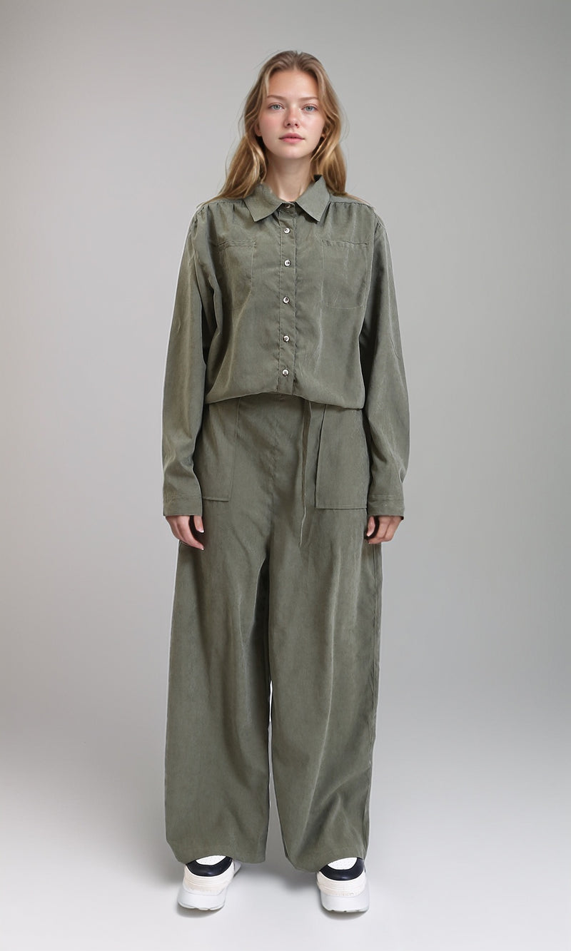 R212069 - Long Sleeves Solid Relaxed Fit Jumpsuit - Dark Olive